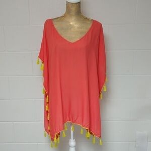 C&T BEACH CORAL WITH YELLOW TASSELS BEACH COVER UP KAFTAN SUMMER WEAR